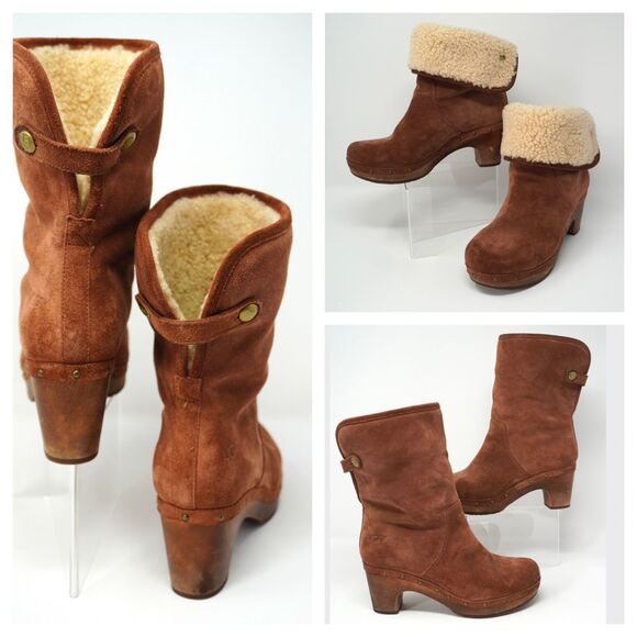 Ugg Lynnea Suede and Shearling Wooden Sole Clog Boots Red Wood Color - Picture 1 of 9